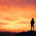 Homem ou mulher olhando para o céu em montanha ao nascer do sol