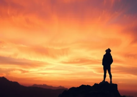 Homem ou mulher olhando para o céu em montanha ao nascer do sol