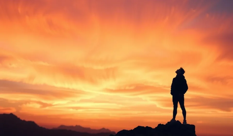Homem ou mulher olhando para o céu em montanha ao nascer do sol