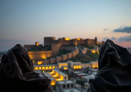 Dois espias israelitas observando as muralhas de Jericó ao entardecer.