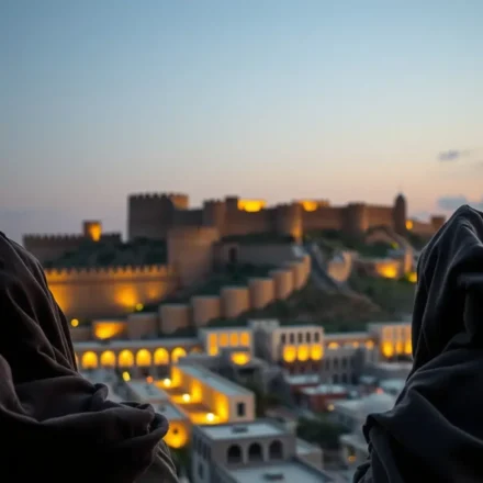Dois espias israelitas observando as muralhas de Jericó ao entardecer.