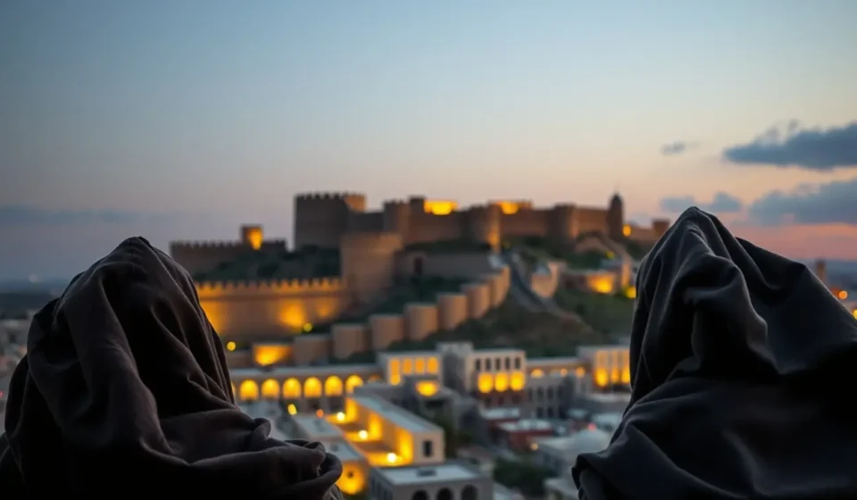 Dois espias israelitas observando as muralhas de Jericó ao entardecer.
