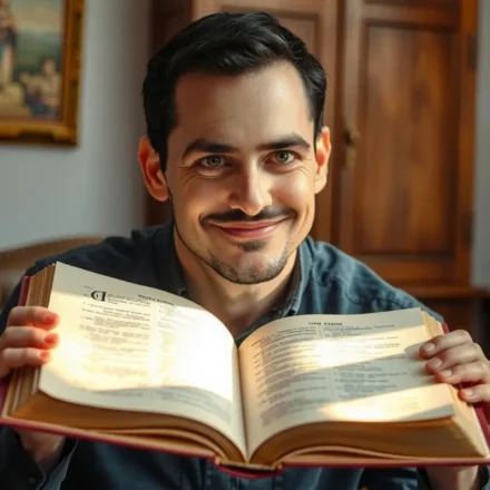 Homem estudando a Bíblia aberta com luz, representando o estudo bíblico Atos 1:3.