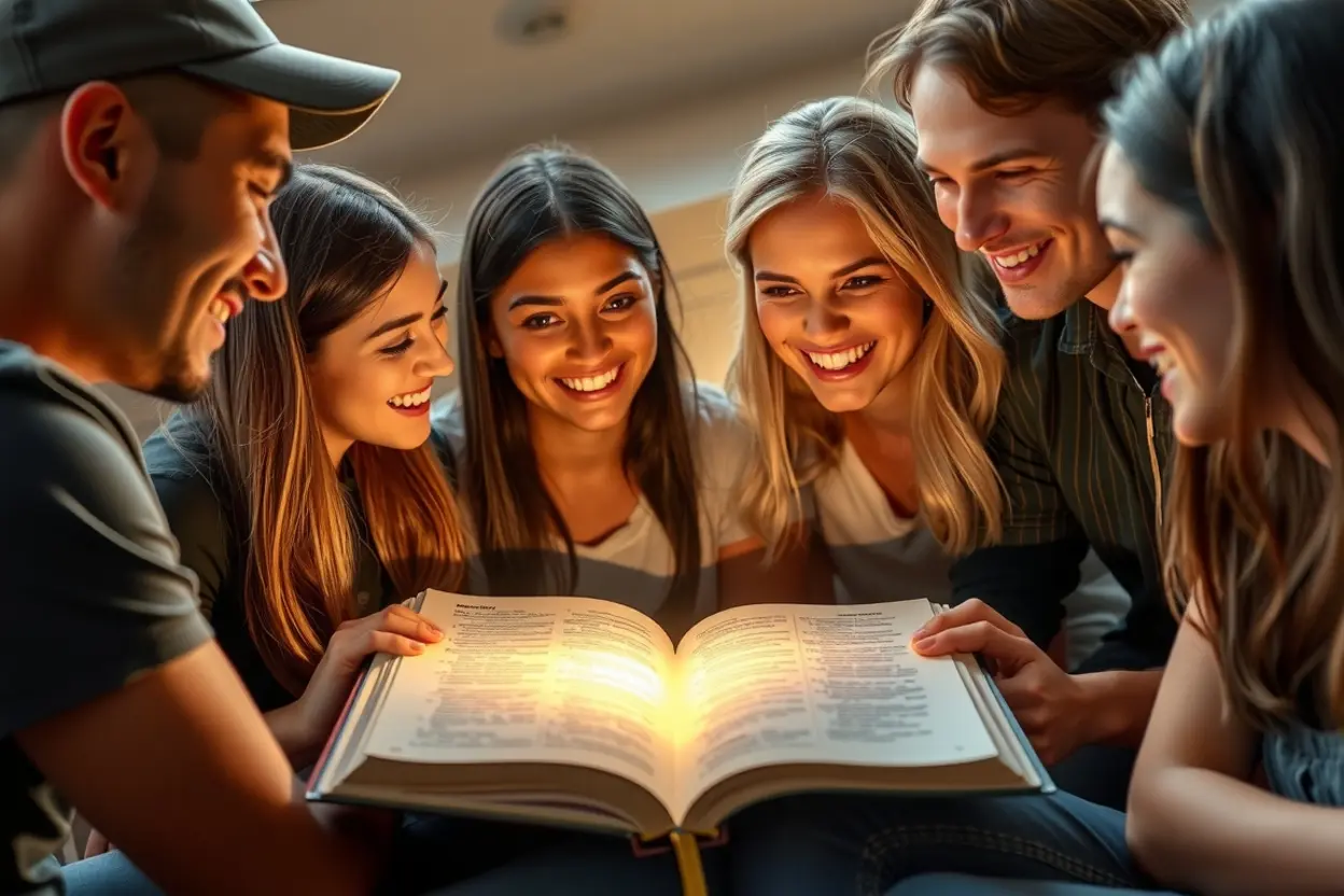Grupo de jovens adultos estudando a Bíblia com alegria.