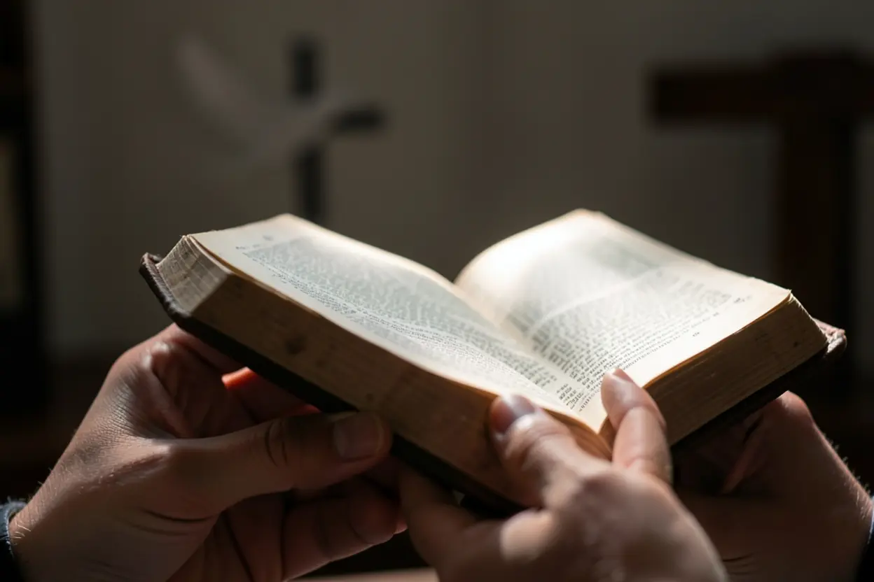 Mãos segurando Bíblia aberta, estudo da Palavra.