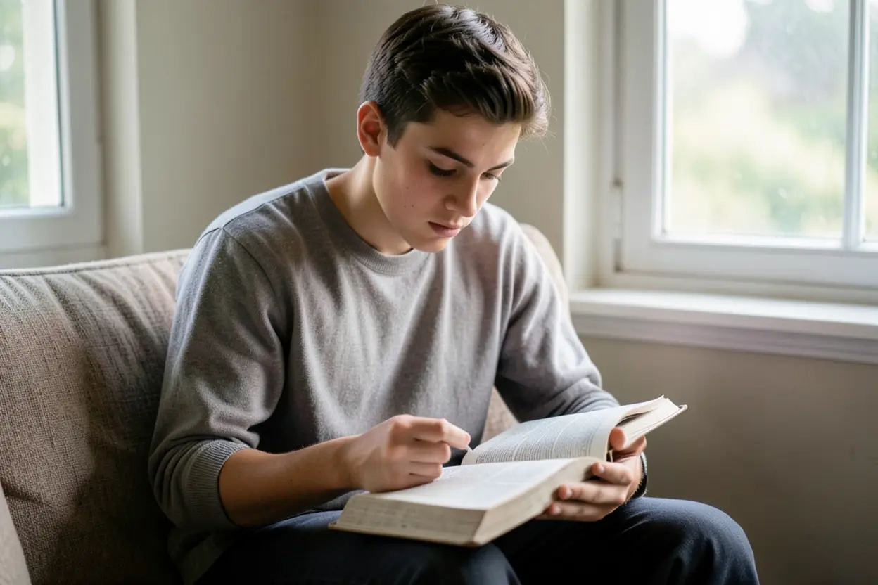 Jovem lendo a Bíblia para encontrar paz e confiança