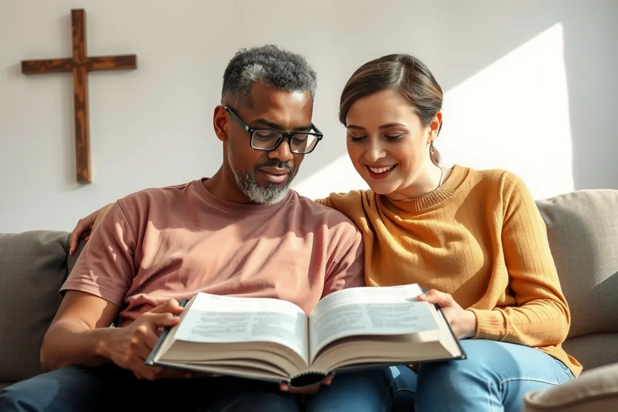 Casal estudando a Bíblia juntos para unidade espiritual