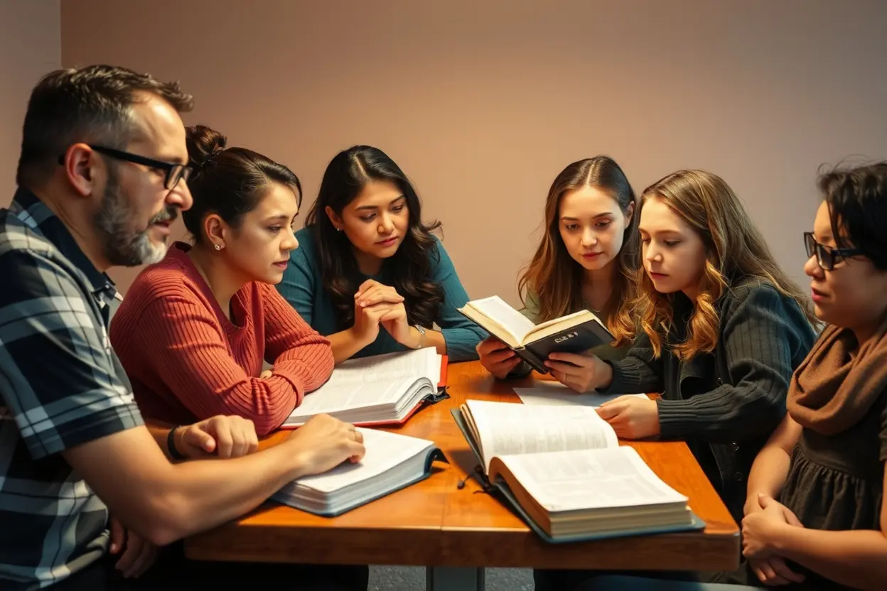 Pessoas reunidas em estudo bíblico, vivendo o ensino bíblico aprofundado da comunhão.