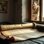 Homem refletindo sobre um pergaminho antigo, simbolizando o estudo bíblico sobre Hebreus 2:1.