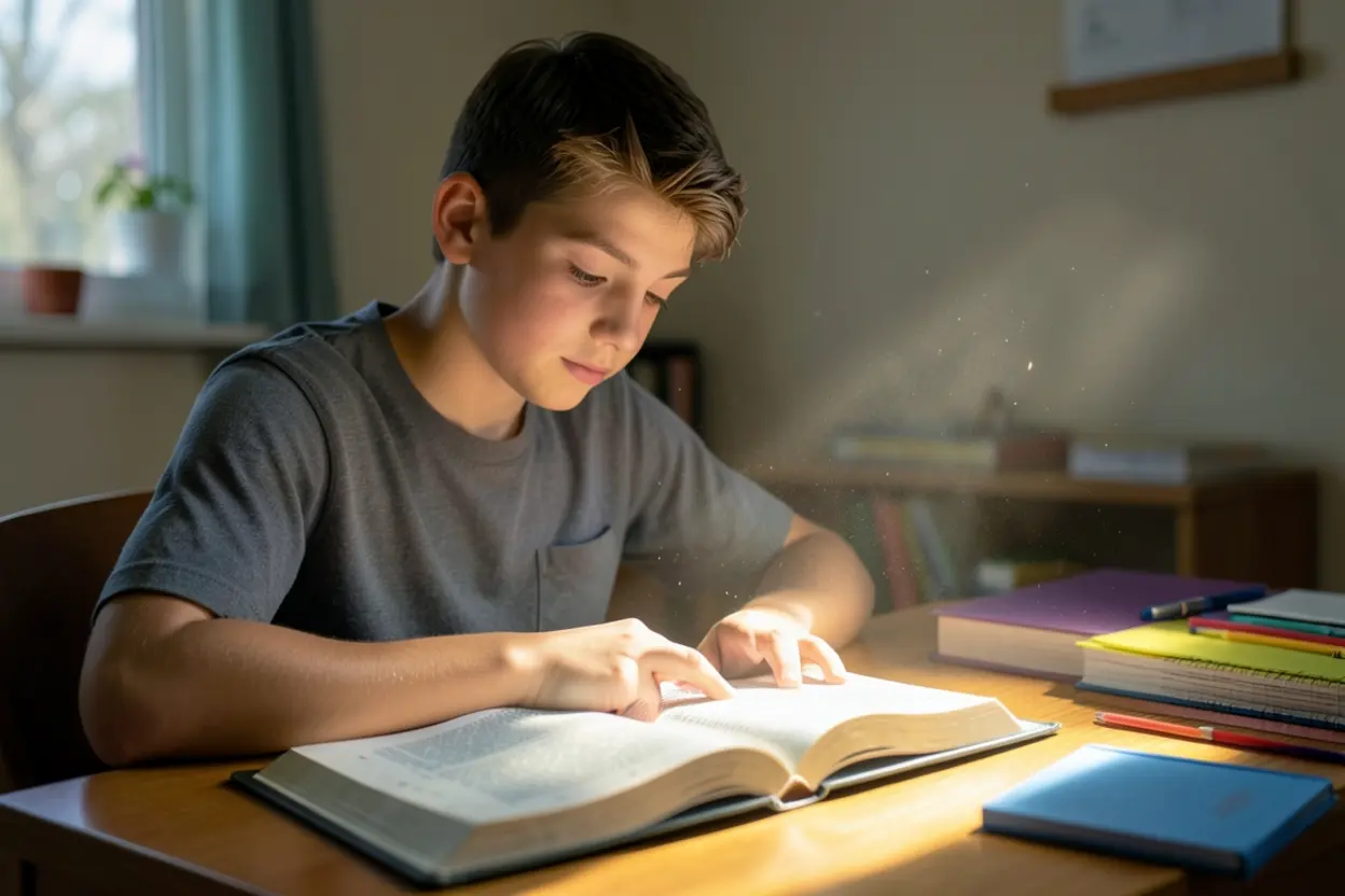 Estudo Bíblico para Jovens Jovem estudando a Bíblia em sua mesa, buscando sabedoria divina.
