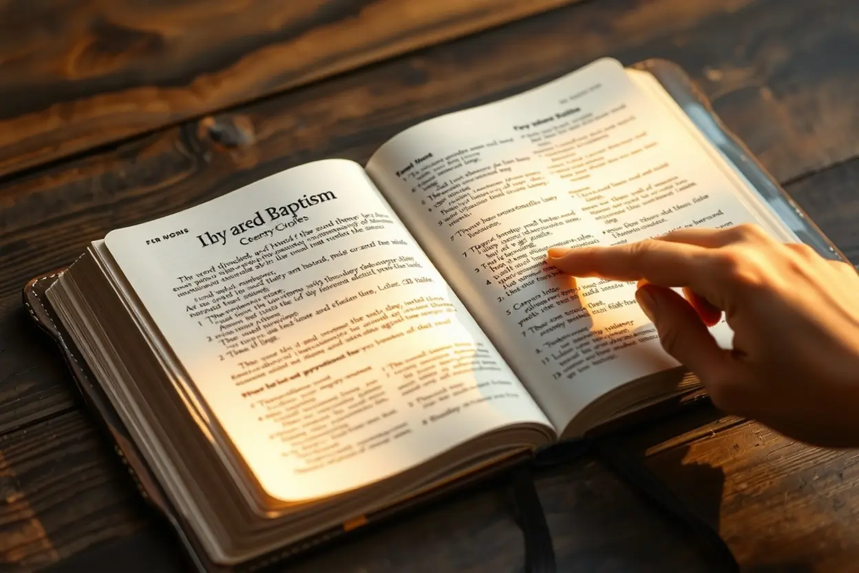 Bíblia aberta destacando versículos sobre batismo.