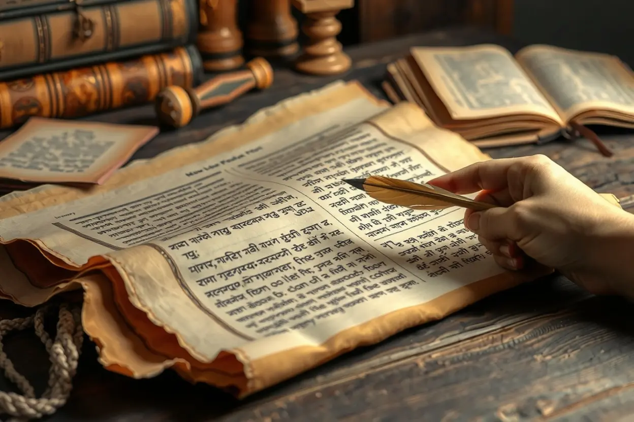 Manuscrito hebraico antigo sobre mesa de madeira, estudo bíblico.
