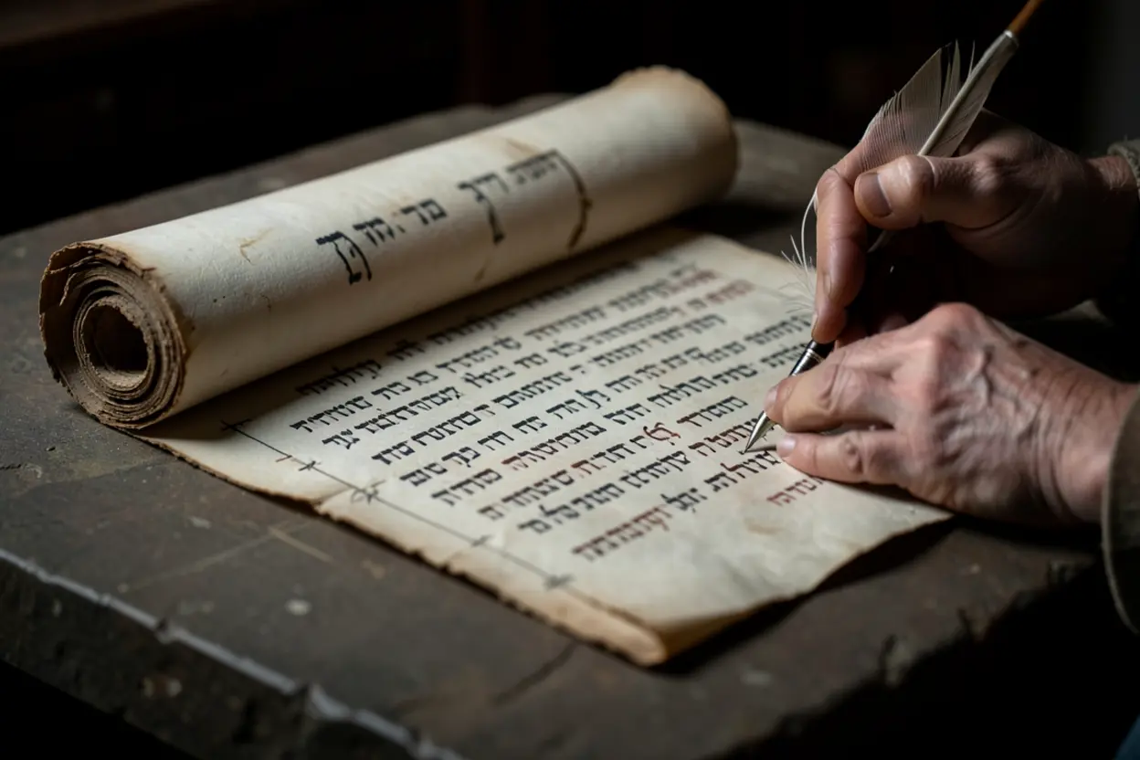 Pergaminho hebraico sendo estudado, exegese bíblica.