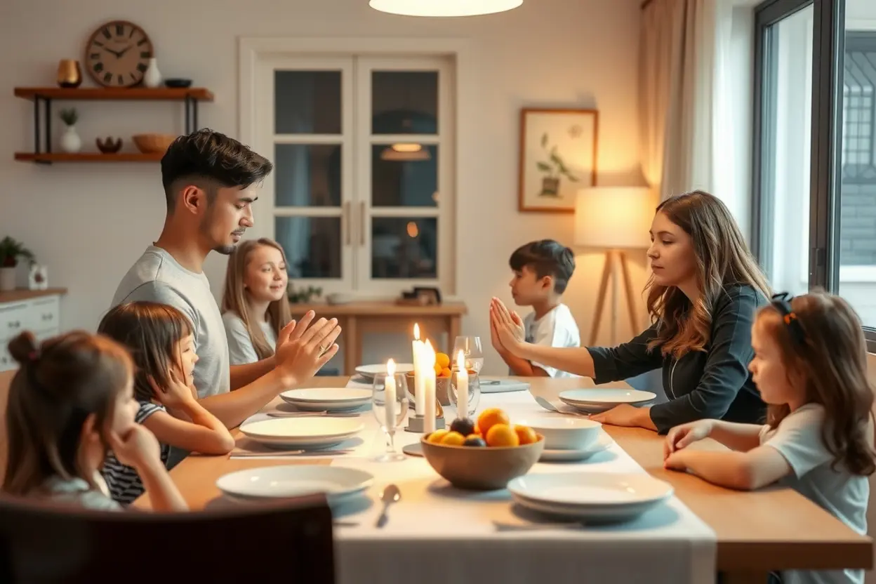 Família cristã orando à mesa.