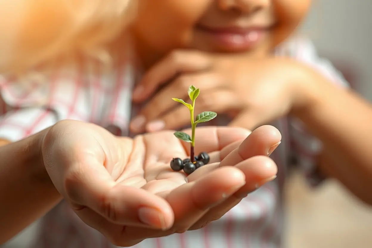 Fé e Cuidado Divino Mão de adulto protegendo a mão de criança com planta, simbolizando o cuidado divino.