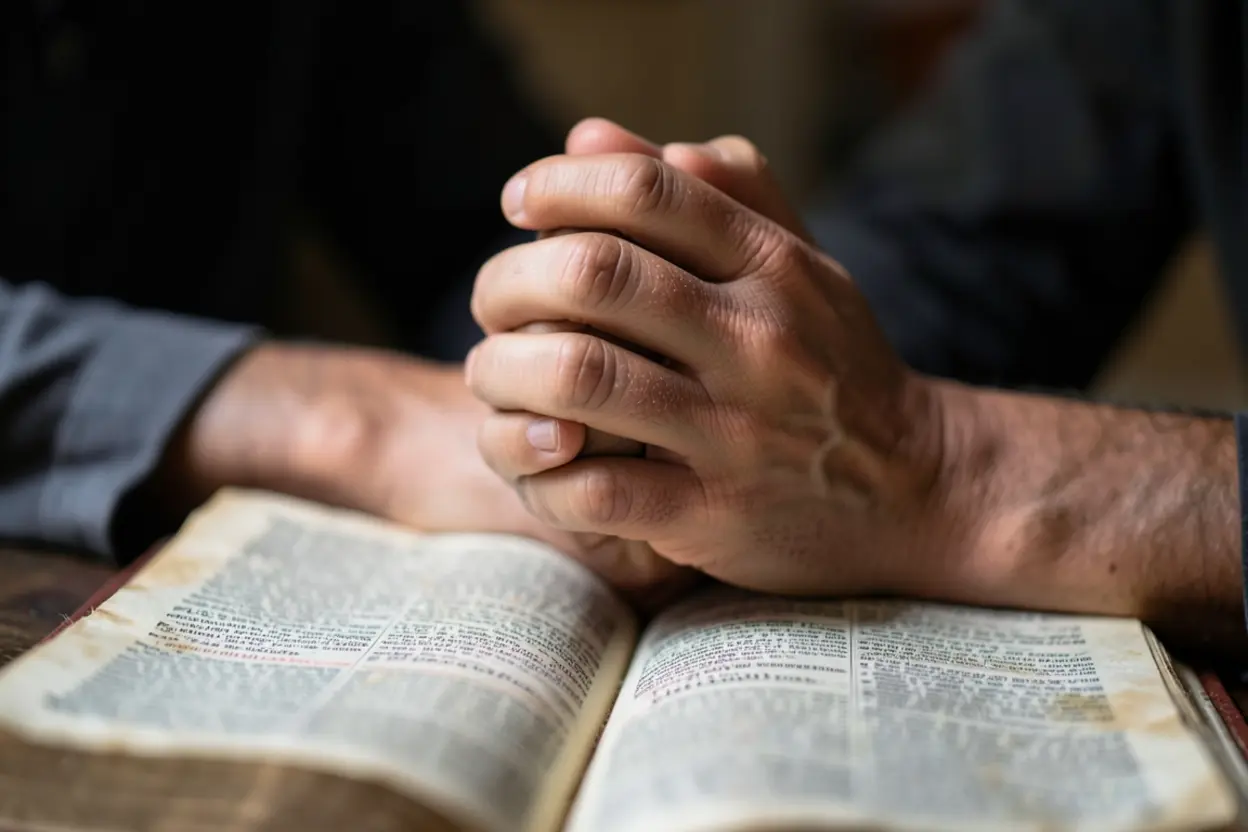Mãos em oração sobre a Bíblia, mostrando fé e persistência.