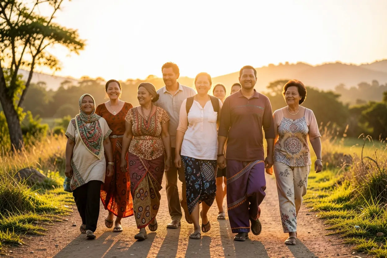 Interpretação de Jonas 2:9: Pessoas caminhando juntas em um caminho de fé e transformação.
