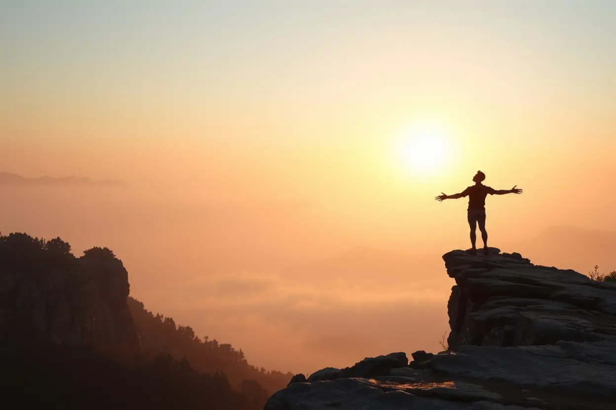 Pessoa em penhasco, simbolizando fé e resiliência.