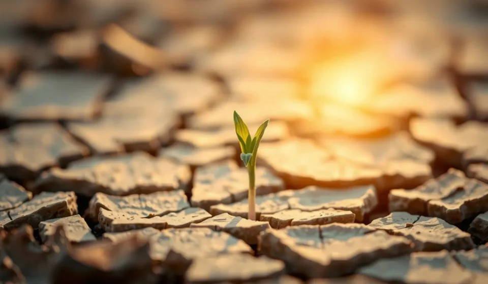 Broto verde emergindo da terra seca, representando o significado de 2 Tessalonicenses 1:3 e o crescimento da fé.