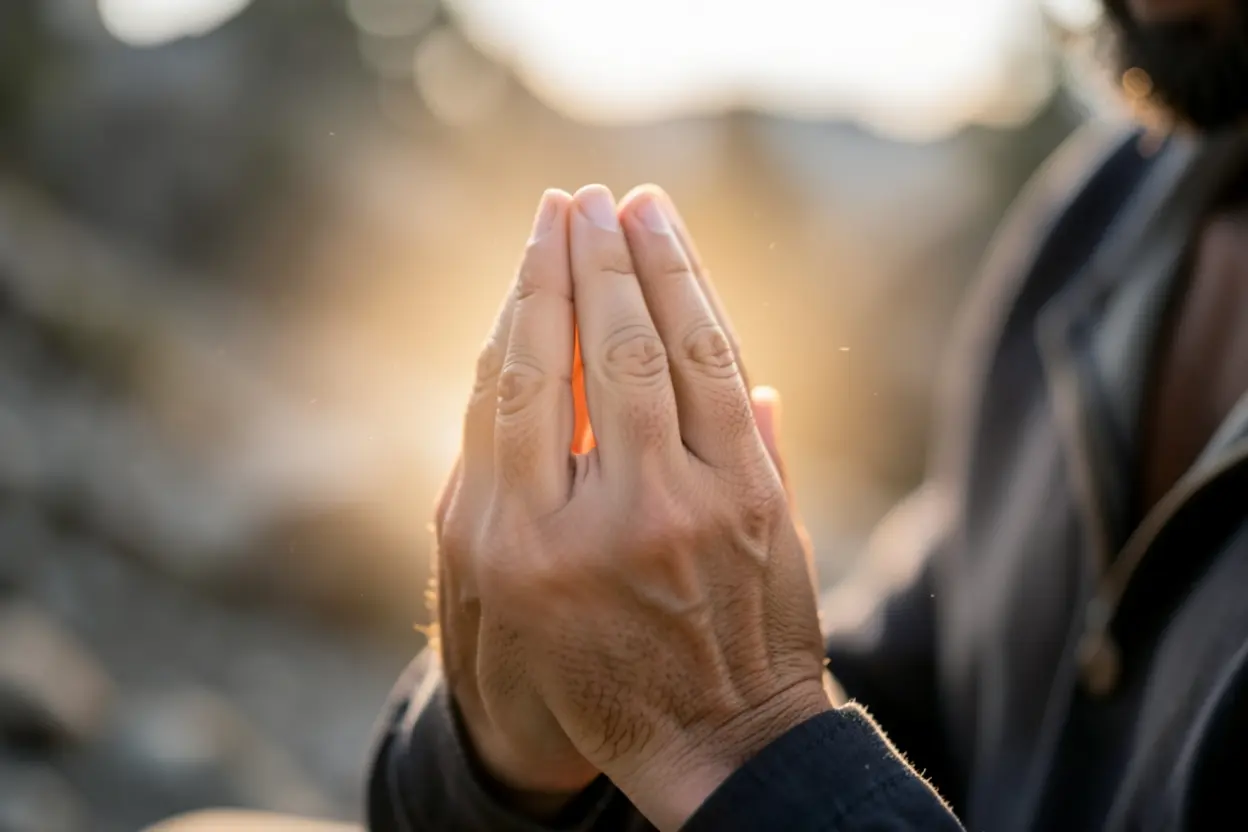 Mãos em oração recebendo consolo divino em crise.