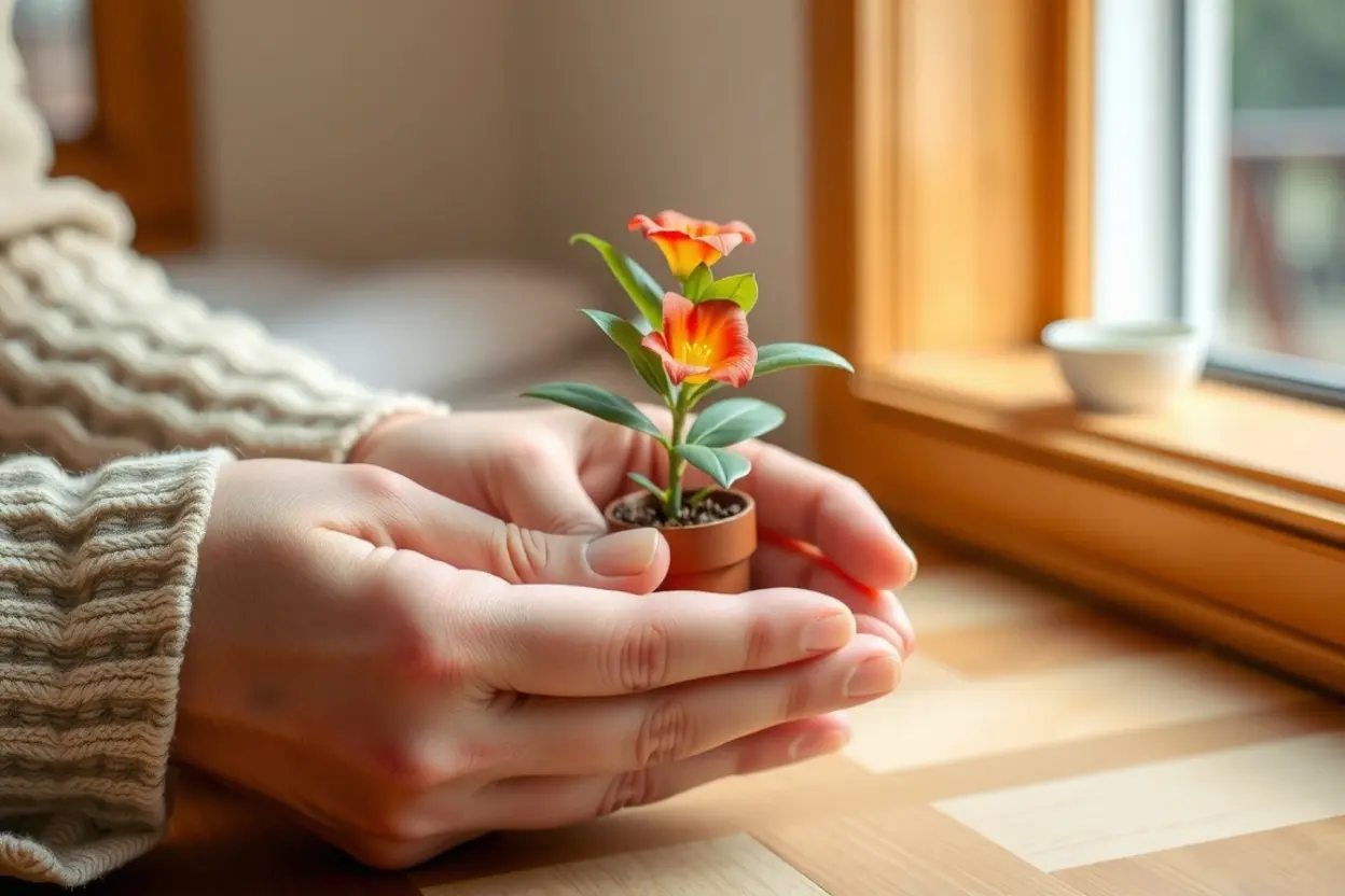 Mãos cuidando de planta, simbolizando florescer em Cristo.
