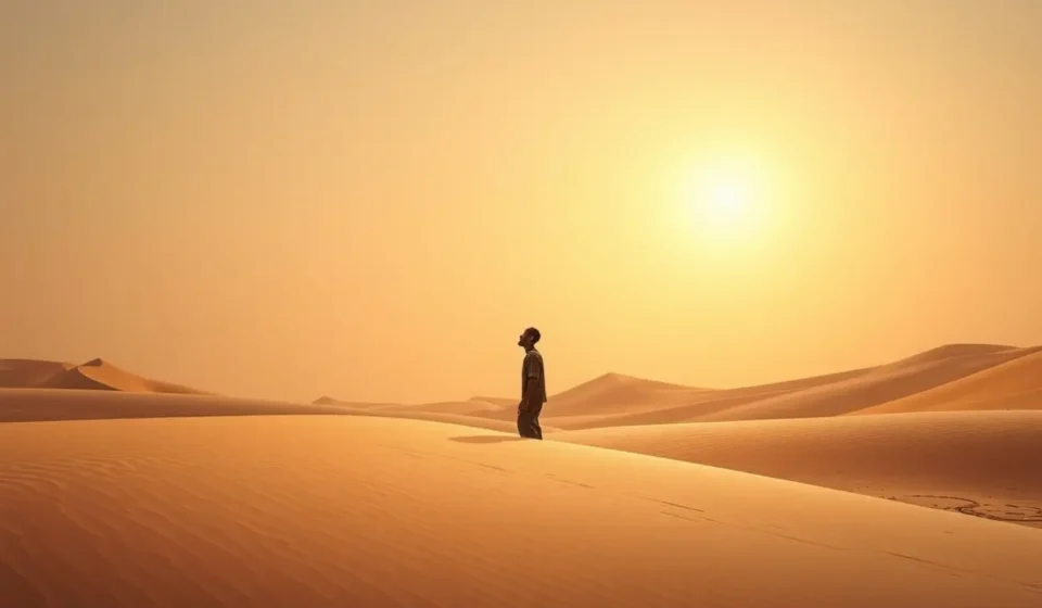 A Profundidade de Mateus 4:4: O Que Significa “Nem Só de Pão Viverá o Homem”? Homem no deserto buscando alimento espiritual.