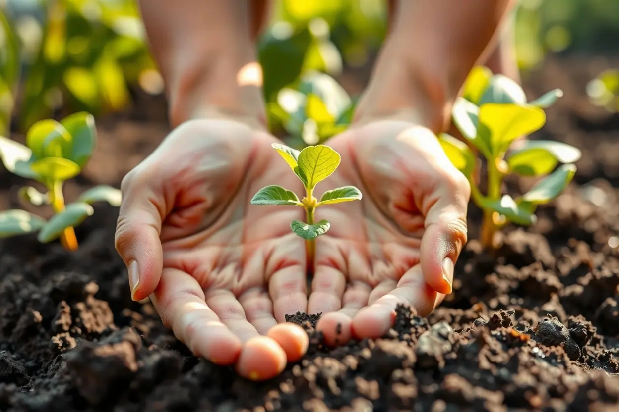 Mãos cuidando de planta, simbolizando boas obras na vida cristã.