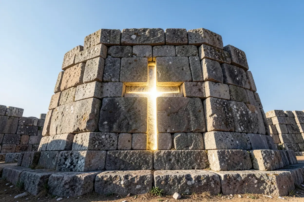 Fundamento Inabalável Alicerce de pedra com cruz, fundamento bíblico