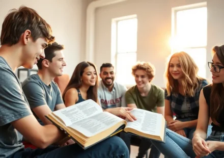 Grupo de adolescentes estudando a Bíblia em um encontro de discipulado.