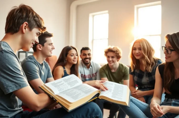 Grupo de adolescentes estudando a Bíblia em um encontro de discipulado.