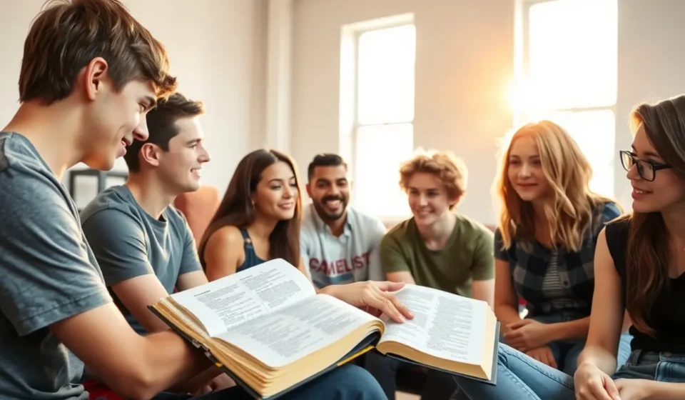 Grupo de adolescentes estudando a Bíblia em um encontro de discipulado.