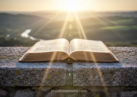 Fundamentos do Evangelho: A Rocha Inabalável da Sua Nova Vida em Cristo Bíblia aberta sobre uma rocha, simbolizando os fundamentos do evangelho.