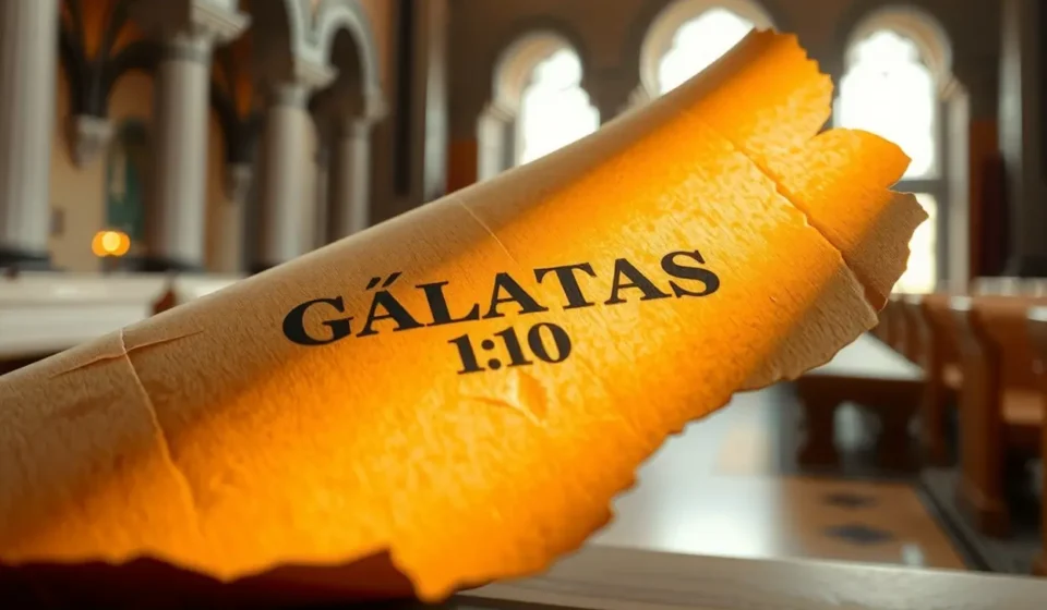 Pergaminho antigo com Gálatas 1:10, estudo bíblico.