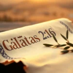 Pergaminho antigo com Gálatas 2:16 e ramo de oliveira