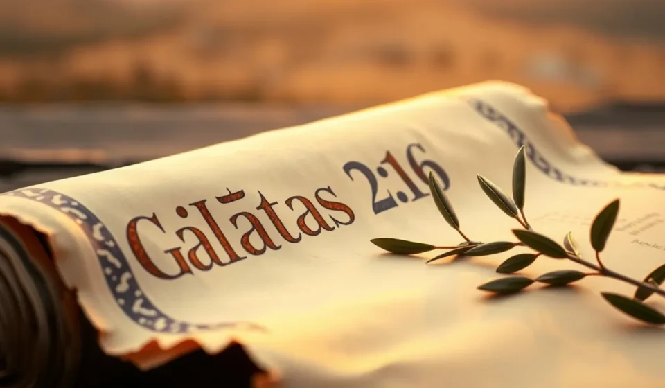 Pergaminho antigo com Gálatas 2:16 e ramo de oliveira