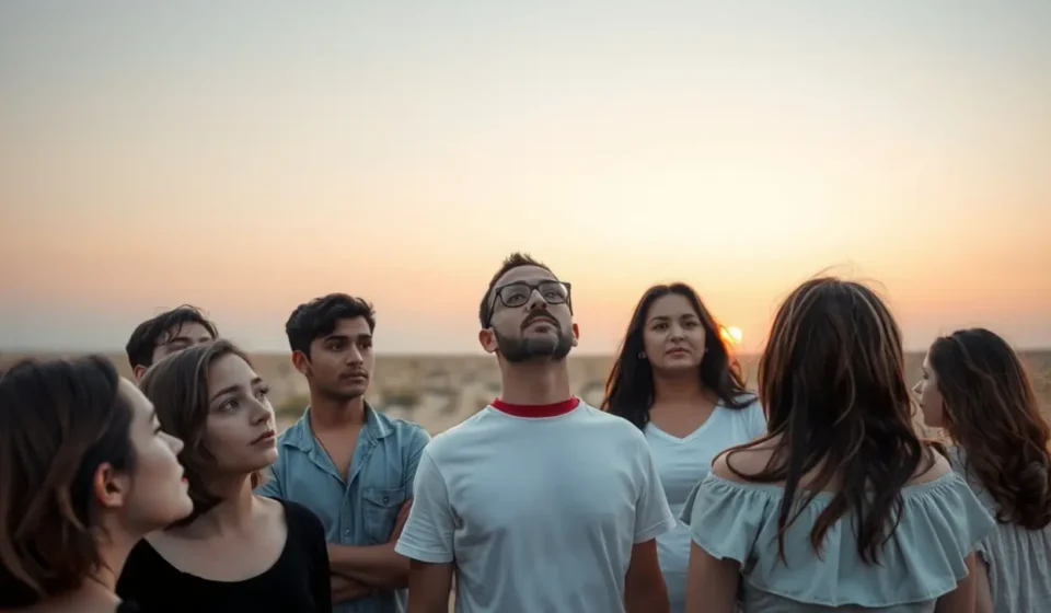 Jovens e adultos em cenário árido, simbolizando a geração que não conhecia ao Senhor em Juízes 2:10.