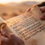 Pergaminho antigo com texto hebraico e luz divina.