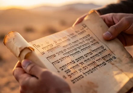 Pergaminho antigo com texto hebraico e luz divina.