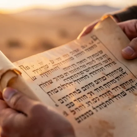 Pergaminho antigo com texto hebraico e luz divina.