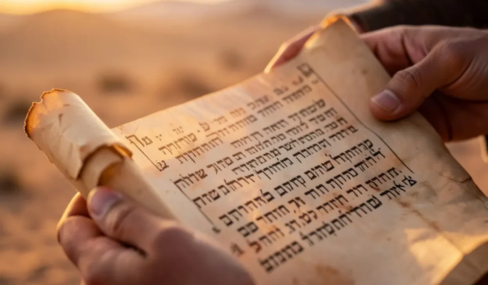 Pergaminho antigo com texto hebraico e luz divina.