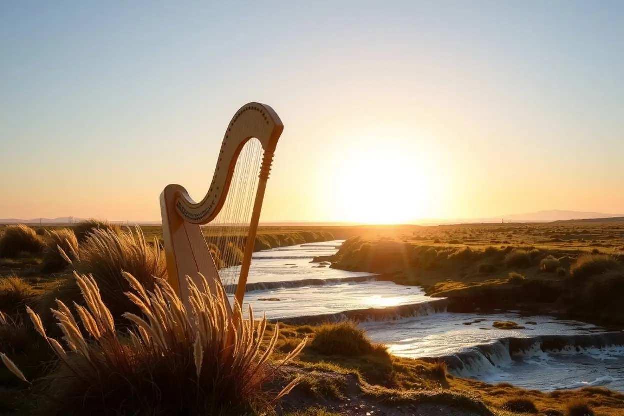 Uma harpa clássica repousando em um campo verdejante com o sol do amanhecer ao fundo.