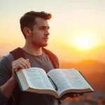 Homem pensativo com Bíblia em montanha, simbolizando o propósito de Deus.