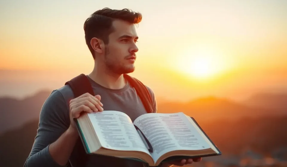 Homem pensativo com Bíblia em montanha, simbolizando o propósito de Deus.