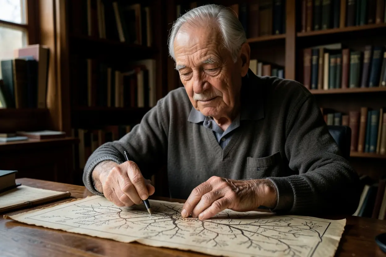 Homem Estudando Genealogia Bíblica Homem idoso estudando o significado teológico das genealogias em 1 Crônicas 1.