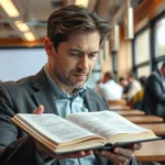 Formação de Caráter Cristão Juvenil: Guia Essencial para uma Fé Firme Homem lendo a Bíblia em meio à rotina agitada.