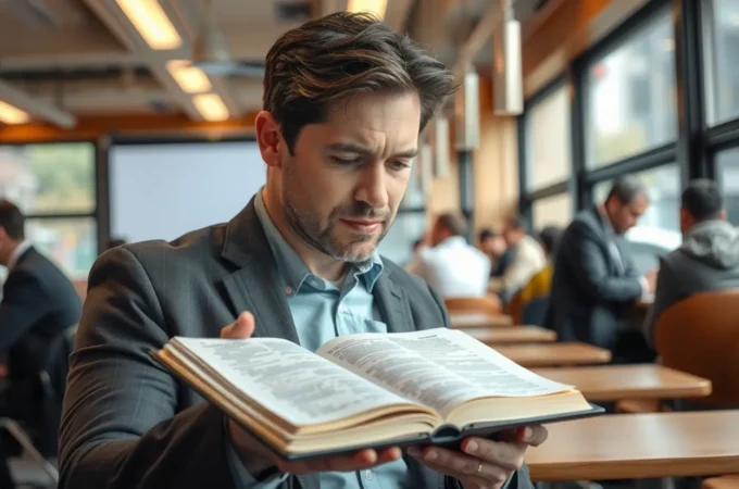 Leitura Bíblica para Homens Ocupados: Plano Simples para Rotina Intensa Homem lendo a Bíblia em meio à rotina agitada.
