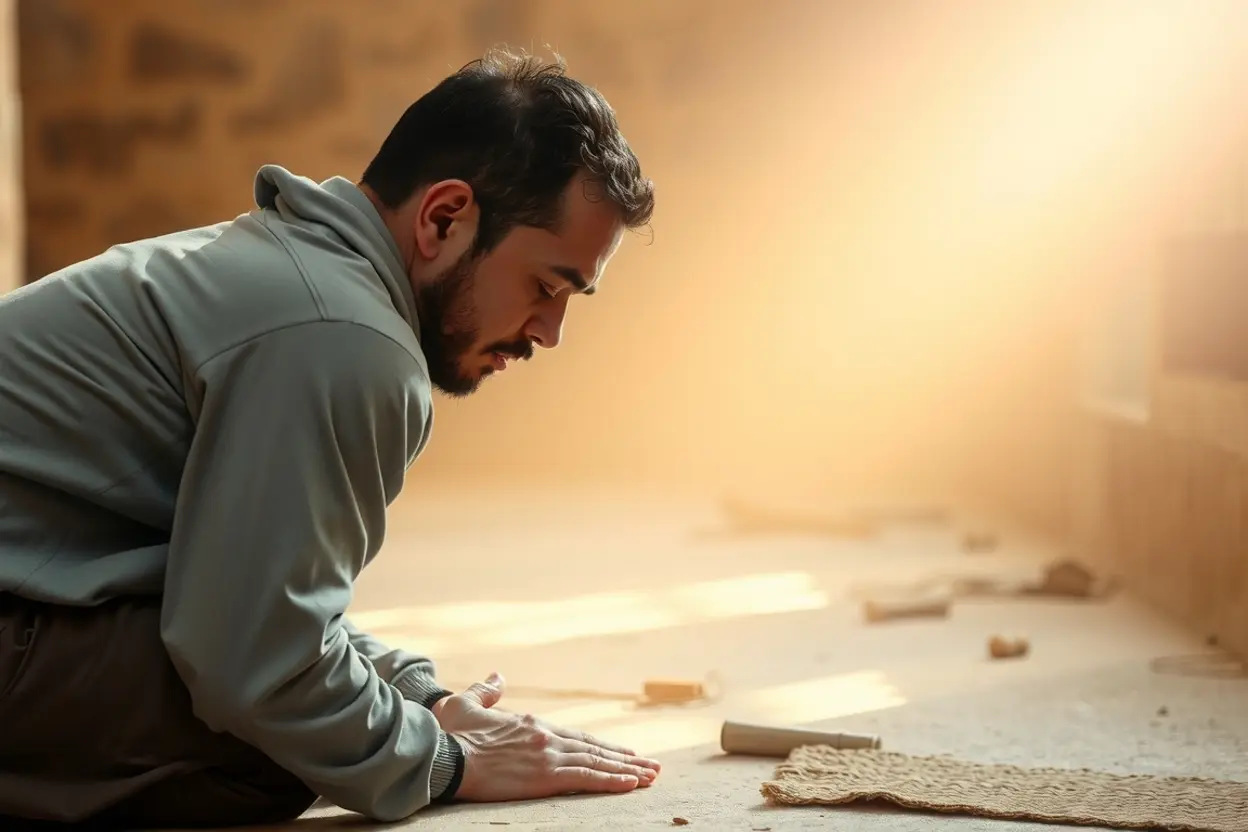 Pessoa humilde em oração, recebendo luz celestial.