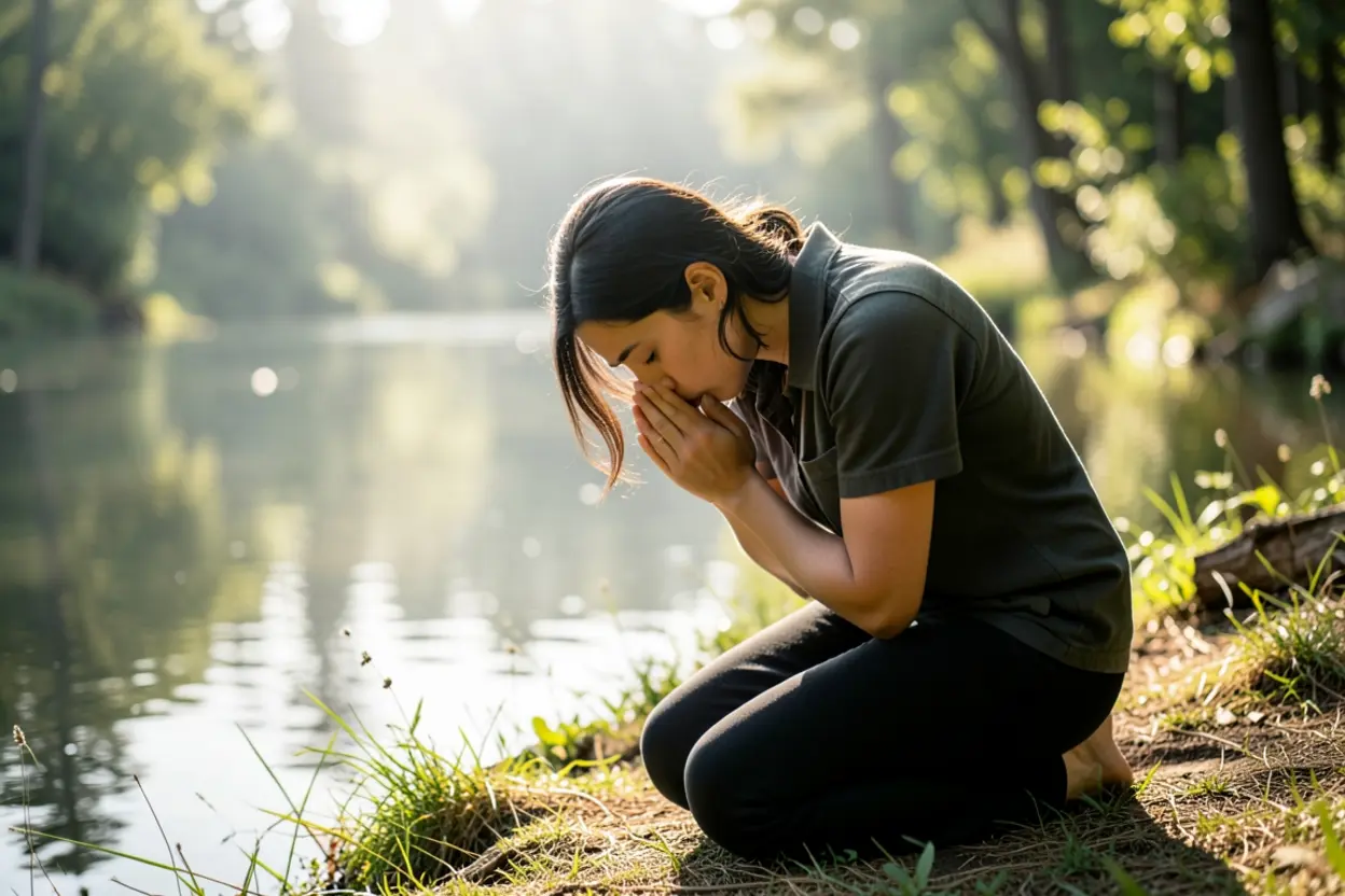 Pessoa ajoelhada em oração, simbolizando a humildade em Sofonias 2:1 estudo bíblico