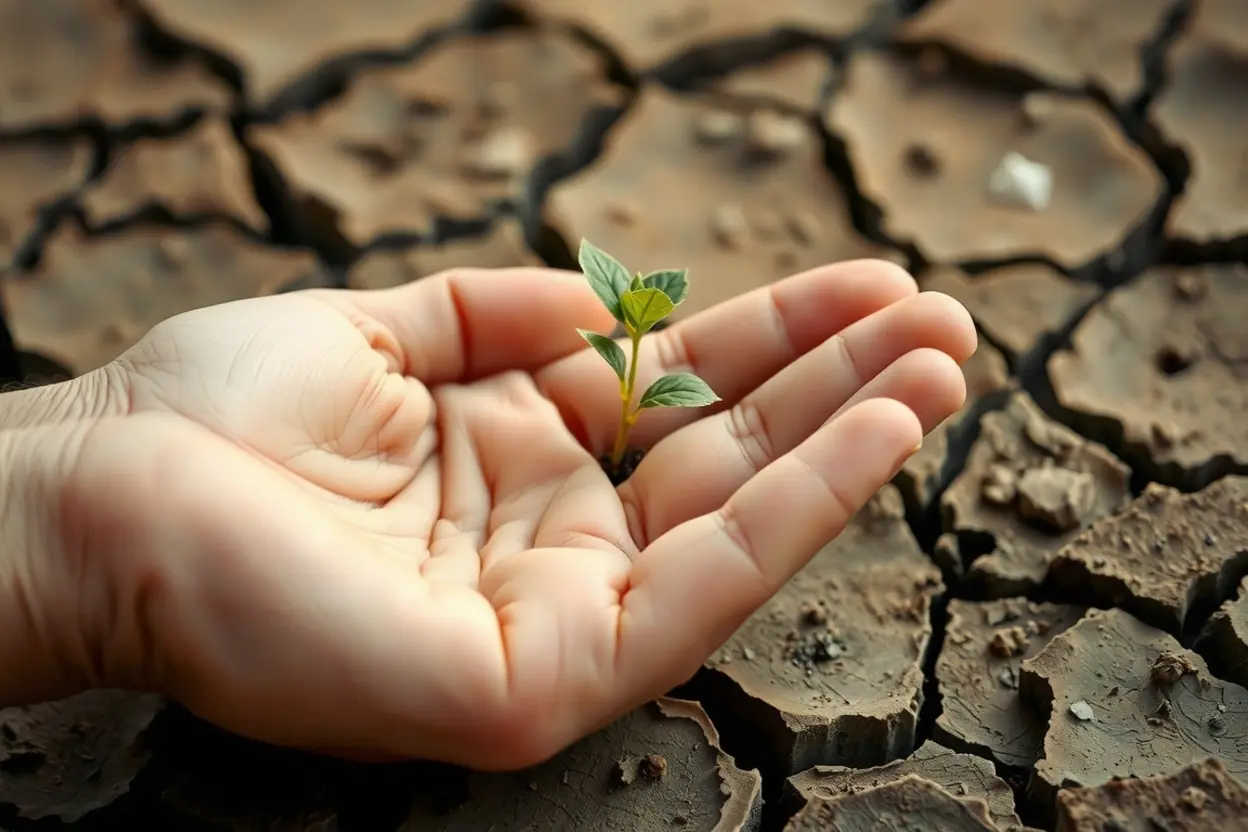 Mão segurando broto em terra rachada, simbolizando humildade e graça.