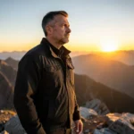 Homem em montanha ao nascer do sol, simbolizando a identidade do homem em Cristo.